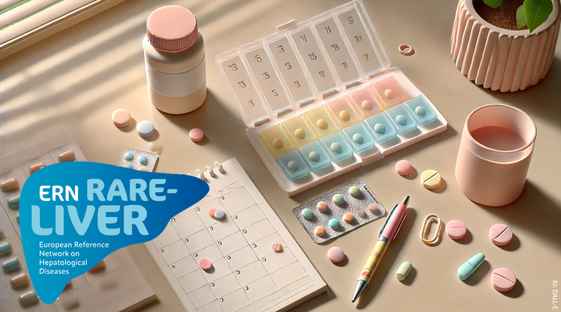 Symbolbild mit Tabletten, Tablettenblister, Pillenbox, Kalender, Trinkglas und Kugelschreiber in pastellfarbenen Tönen gehalten, sowie dem ERN-RARE-LIVER-LOGO im Vordergrund.